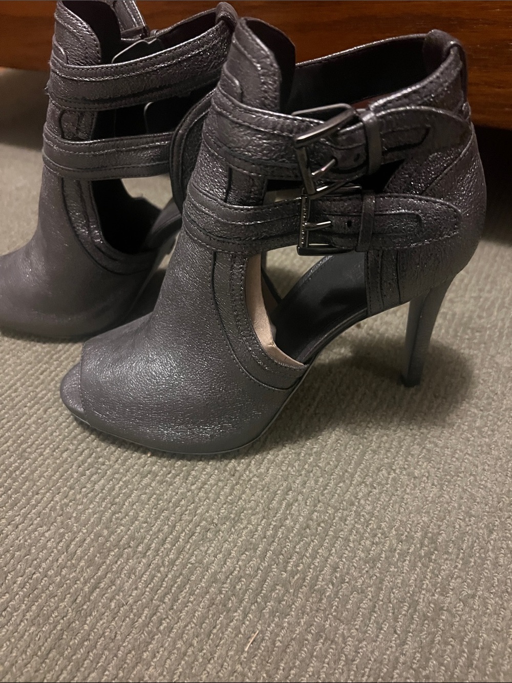 Michael Kors Metallic Charcoal Peep-Toe Buckle Heel Booties